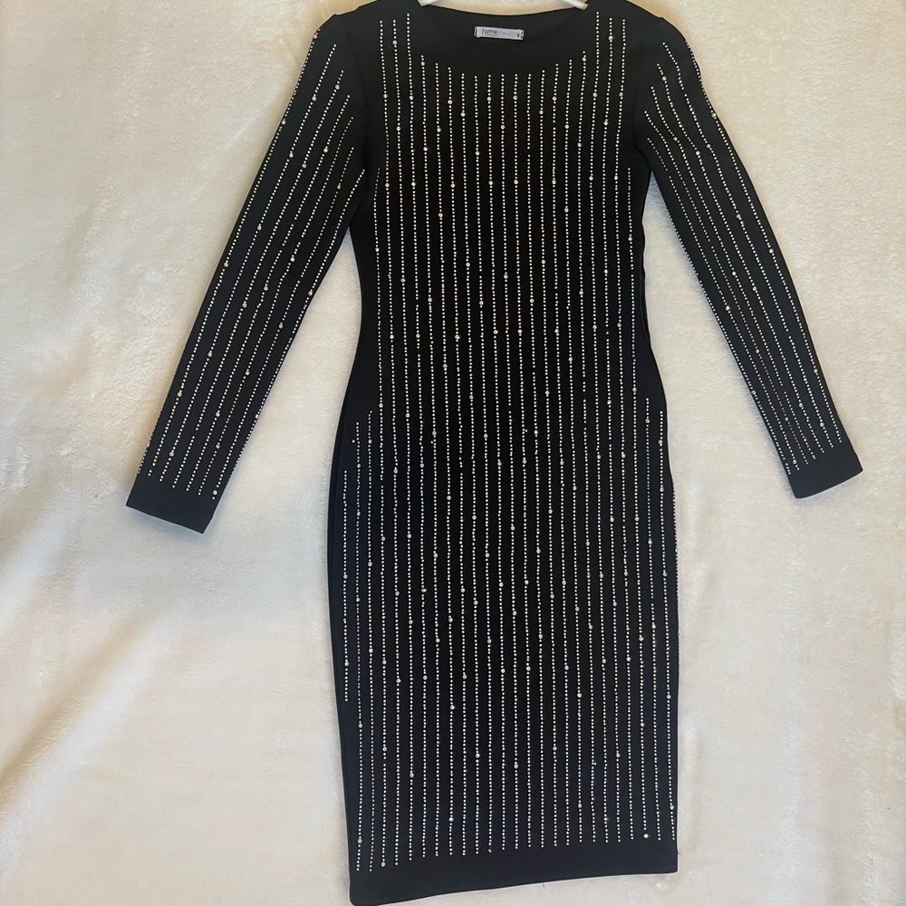 Crystal Rhinestone Sparkly Bodycon Dress Long Sleeve Midi